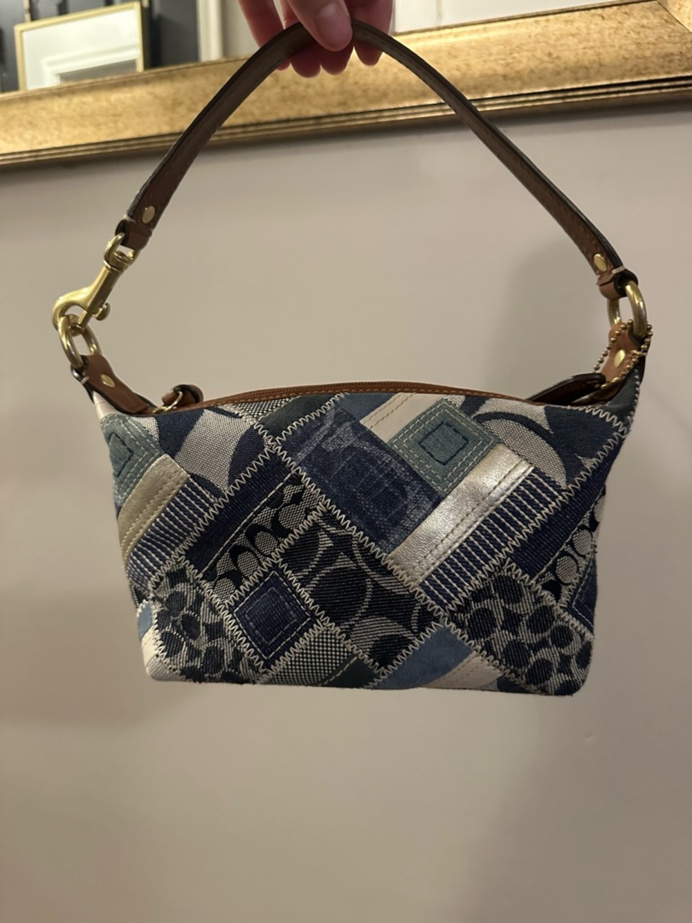 Coach Denim Light Blue Lined Handbag Interior with Brown Leather Patch